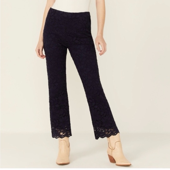 Free People WILD LACES PULL-ON CROP FLARE PANTS IN DISCO INDIGO - Picture 5 of 7